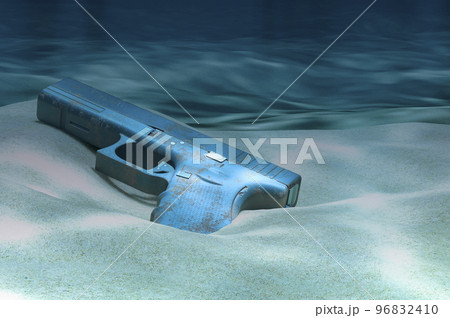 Gun, pistol on ocean bottom underwater, 3D rendering 96832410