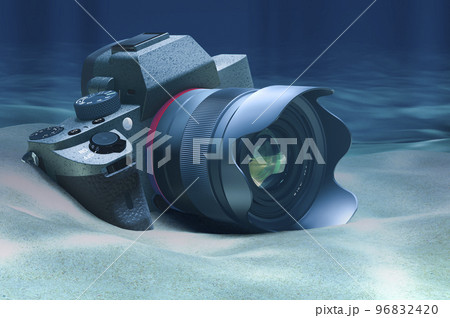 Professional digital camera on ocean bottom underwater, 3D rendering Professional digital camera on ocean bottom underwater, 3D rendering 96832420