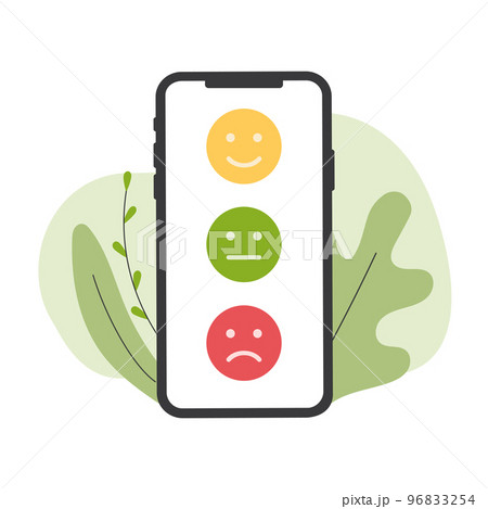 Feedback emotion scale on phone. Reviews with good and bad rating. Feedback in the form of emotions. Vector flat illustration 96833254