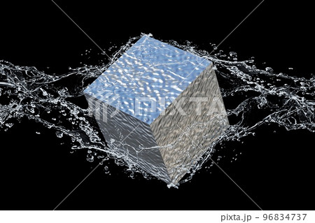 サイエンスの概念で水のしぶきと四角い氷を合成した3dイラスト 96834737