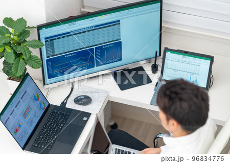 総務　経理　事務職　営業事務　一般事務　事務スタッフ　表計算　グラフ　俯瞰　マルチディスプレイ 96834776