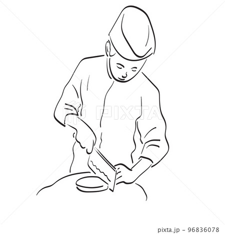 masmale chef with hat using knife on food illustration vector hand drawn isolated on white background line art. masmale chef with hat using knife on food illustration vector hand drawn isolated on white background line art. 96836078