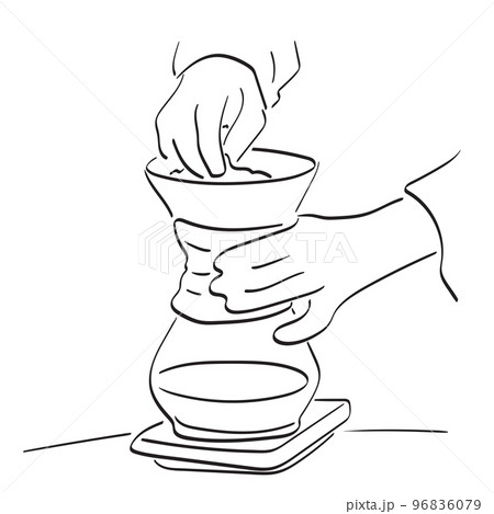 closeup hand brewing hot black coffee in glass coffee pot standing illustration vector hand drawn isolated on white background line art. closeup hand brewing hot black coffee in glass coffee pot standing illustration vector hand drawn isolated on white background line art. 96836079