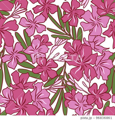 Hand drawn seamless patter of nerium oleander pink flowers green leaves on white background. Tropical floral summer spring fabric print, toxic poisonous plant nature bloom blossom background. Hand drawn seamless patter of nerium oleander pink flowers green leaves on white background. Tropical floral summer spring fabric print, toxic poisonous plant nature bloom blossom background. 96836861