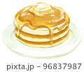 バターとハチミツを乗せたふっくらと焼けたパンケーキの水彩イラスト 96837987