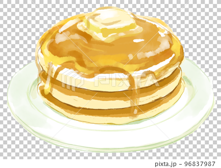 バターとハチミツを乗せたふっくらと焼けたパンケーキの水彩イラスト 96837987