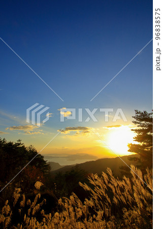 すすきが美しく浮かび上がる 野呂山の夕暮れ風景 96838575