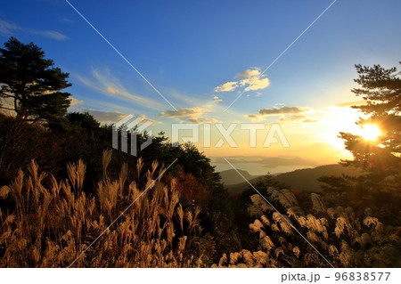 すすきが美しく浮かび上がる 野呂山の夕暮れ風景 96838577