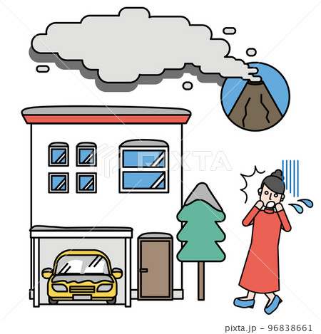 噴火による火山灰がちり積もった住宅と驚く住人 96838661