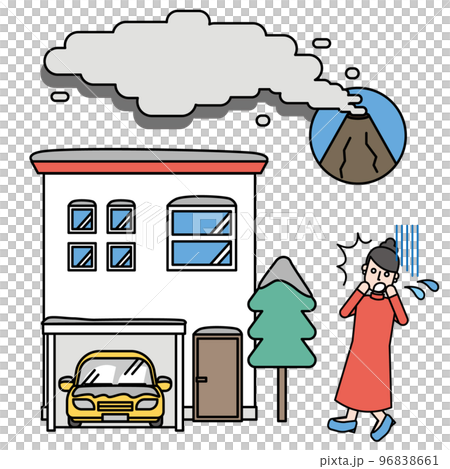 噴火による火山灰がちり積もった住宅と驚く住人 96838661