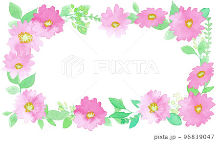 水彩画。水彩タッチのベクター植物フレーム。ピンクの花と植物の装飾枠。 96839047