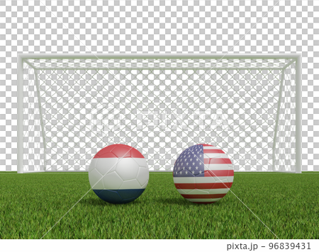 Footballs in flags colors on soccer field . Netherlands with USA. 3d rendering Footballs in flags colors on soccer field . Netherlands with USA. 3d rendering 96839431