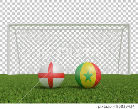 Footballs in flags colors on soccer field . England with Senegal. 3d rendering Footballs in flags colors on soccer field . England with Senegal. 3d rendering 96839434