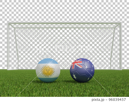 Footballs in flags colors on soccer field .Argentina with Australia. 3d rendering Footballs in flags colors on soccer field .Argentina with Australia. 3d rendering 96839437