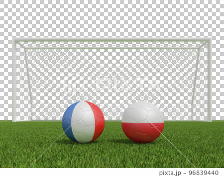 Footballs in flags colors on soccer field. france with poland . 3d rendering Footballs in flags colors on soccer field. france with poland . 3d rendering 96839440