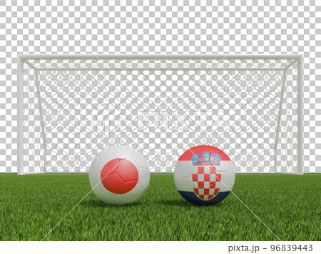 Footballs in flags colors on soccer field . Japan with Croatia. 3d rendering Footballs in flags colors on soccer field . Japan with Croatia. 3d rendering 96839443