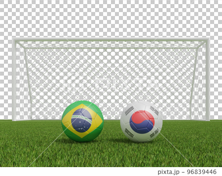 Footballs in flags colors on soccer field . Brazil with South Korea. 3d rendering Footballs in flags colors on soccer field . Brazil with South Korea. 3d rendering 96839446