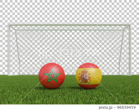 Footballs in flags colors on soccer field. Morocco with Spain. 3d rendering Footballs in flags colors on soccer field. Morocco with Spain. 3d rendering 96839459