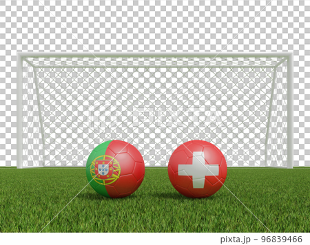 Footballs in flags colors on soccer field. Portugal with Switzerland. 3d rendering Footballs in flags colors on soccer field. Portugal with Switzerland. 3d rendering 96839466