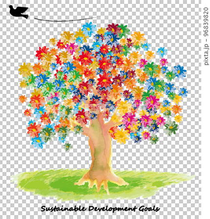 SDGs17色の水彩の花が咲く木と平和の鳩 SDGs17色の水彩の花が咲く木と平和の鳩 96839820