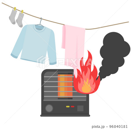 火事の原因　ストーブの上に洗濯物を干す　イラスト 96840181