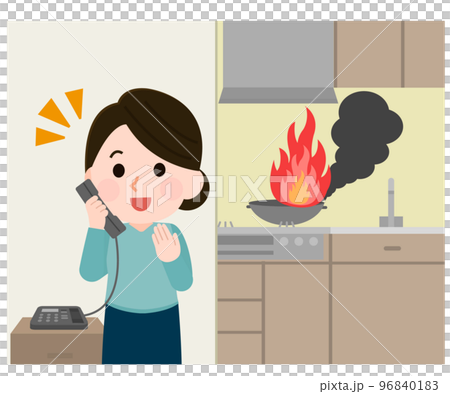 火事の原因 料理中に目を離して出火 コンロ火災 イラスト 火事の原因 料理中に目を離して出火 コンロ火災 イラスト 96840183