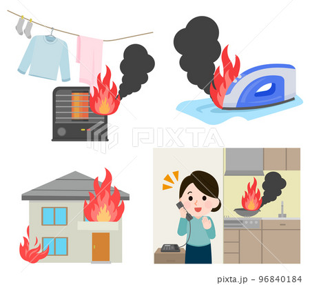 火事の原因 セット ストーブ アイロン 料理 住宅火災 イラスト 96840184