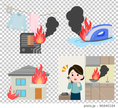 火事の原因 セット ストーブ アイロン 料理 住宅火災 イラスト 96840184