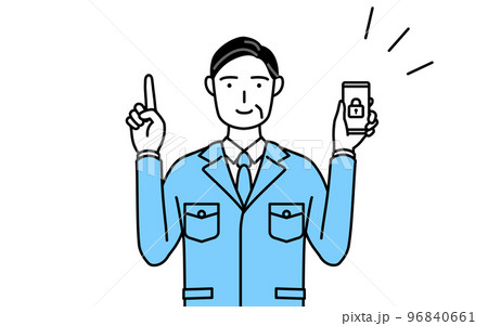 スマホのセキュリティ対策をする作業着を着た男性（経営者、管理職、工場長） 96840661