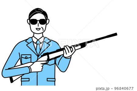 サングラスをかけてライフル銃を持つ作業着を着た男性（経営者、管理職、工場長） 96840677