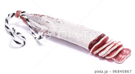 Spanish Fuet thin dried salami sausage isolated on a white background 96840867