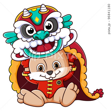 Chinese new year with cute rabbit character design and lion dance costume of illustration 96841180