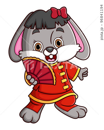 Rabbit wearing Chinese traditional dress Cheongsam and holding Chinese Fan of illustration Rabbit wearing Chinese traditional dress Cheongsam and holding Chinese Fan of illustration 96841194