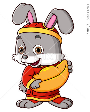 Rabbit wearing chinese traditional dress and holding a big gold of illustration 96841201