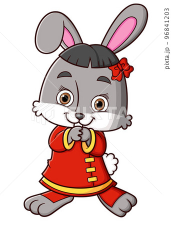 Cute rabbit wearing chinese traditional dress and standing, smiling, and holding hands of illustration 96841203