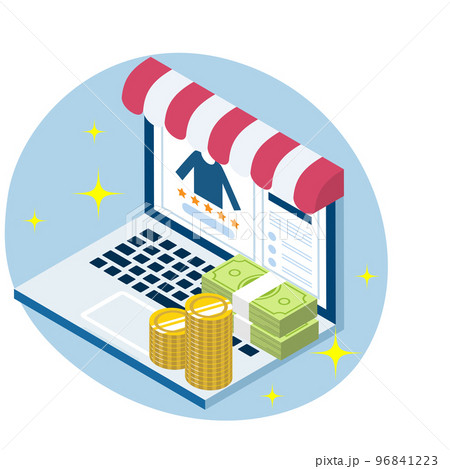 成功したネット販売のコンセプトアート - ノートパソコン　積み上げられた現金 96841223