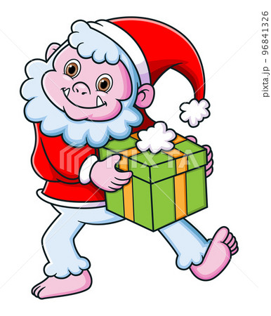 Cute yeti wearing santa costume and carrying a gift box of illustration Cute yeti wearing santa costume and carrying a gift box of illustration 96841326