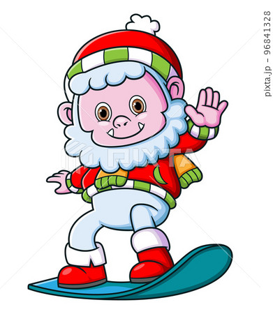 Cute yeti wearing santa costume playing snowboard of illustration Cute yeti wearing santa costume playing snowboard of illustration 96841328