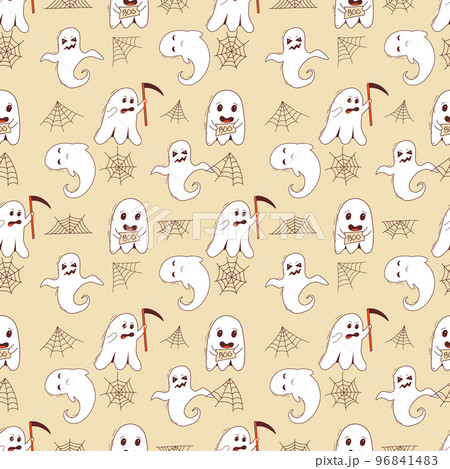 Spooky halloween ghosts seamless pattern. Spooky poltergeist. Halloween scary ghostly monsters Spooky halloween ghosts seamless pattern. Spooky poltergeist. Halloween scary ghostly monsters 96841483