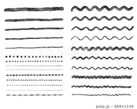 黒のストロークの水彩イラスト素材セット/線/点線/波線 黒のストロークの水彩イラスト素材セット/線/点線/波線 96841549