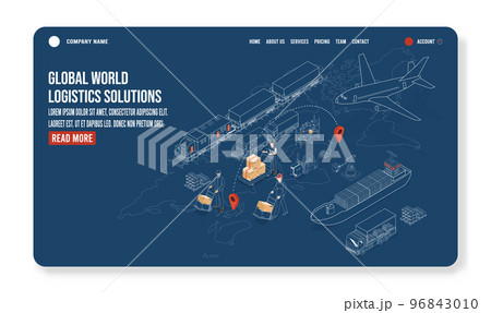 3D isometric Global logistics solutions landing page concept with Smart Logistics, Business logistics, Warehouse Logistic, Online delivery, Export and Import. Vector illustration eps10 3D isometric Global logistics solutions landing page concept with Smart Logistics, Business logistics, Warehouse Logistic, Online delivery, Export and Import. Vector illustration eps10 96843010