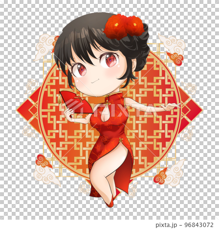 Anime character style girl wearing a Chinese dress (with Chinese style background) 96843072