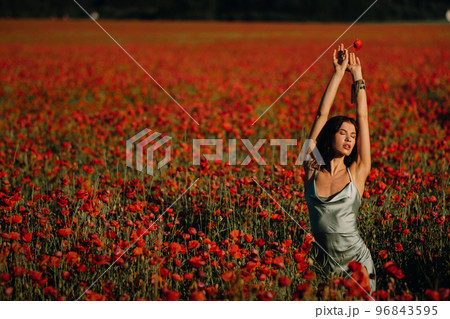 Portrait of a girl in a dress on a poppy field at sunset 96843595
