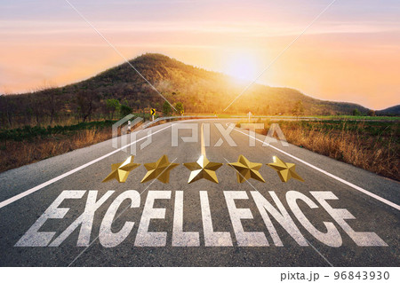 Five stars,excellence written on highway road in the middle of empty asphalt road of asphalt road at sunset. corporate future growth plans. Five stars,excellence written on highway road in the middle of empty asphalt road of asphalt road at sunset. corporate future growth plans. 96843930