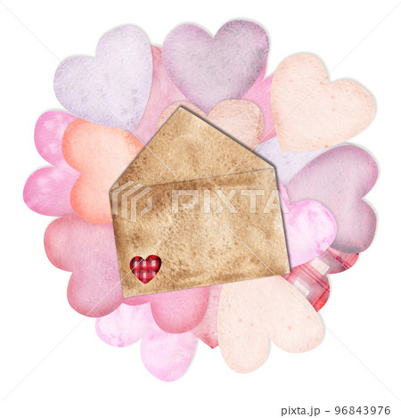 Watercolor hand drawn composition, circle of red and purple hearts, envelope for Valentine's day Isolated on white background Design for paper, love, greeting cards, textile, print, wallpaper, wedding Watercolor hand drawn composition, circle of red and purple hearts, envelope for Valentine's day Isolated on white background Design for paper, love, greeting cards, textile, print, wallpaper, wedding 96843976