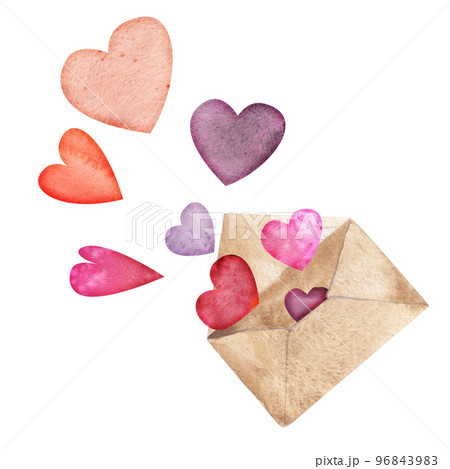 Watercolor hand drawn composition with red and purple hearts and envelope for Valentine's day. Isolated on white background. Design for paper, love, greeting cards, textile, print, wallpaper, wedding Watercolor hand drawn composition with red and purple hearts and envelope for Valentine's day. Isolated on white background. Design for paper, love, greeting cards, textile, print, wallpaper, wedding 96843983