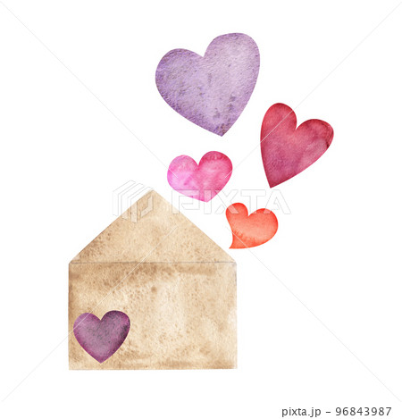 Watercolor hand drawn composition with red and purple hearts and envelope for Valentine's day. Isolated on white background. Design for paper, love, greeting cards, textile, print, wallpaper, wedding Watercolor hand drawn composition with red and purple hearts and envelope for Valentine's day. Isolated on white background. Design for paper, love, greeting cards, textile, print, wallpaper, wedding 96843987
