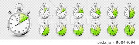Realistic classic stopwatch icons. Shiny metal chronometer time counter with dial. Green countdown timer showing minutes and seconds. Time measurement for sport, start and finish. Vector illustration 96844094