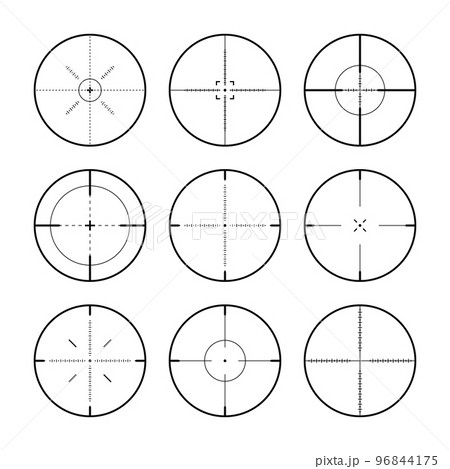 Various sniper rifle sights, weapon optical scope crosshair. Hunting gun viewfinder. Shooting mark symbol, aim. Military target sign. Game interface UI element. Vector illustration 96844175