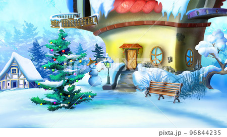 Christmas Tree Near a Fairy Tale House in a Winter Day Christmas Tree Near a Fairy Tale House in a Winter Day 96844235